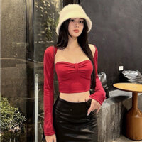 Áo croptop nữ tay dài kiểu nơ ngực khoét nách co giã