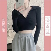 Áo croptop nữ tay dài kiểu ôm polo có cổ bigsize thun body  CT06