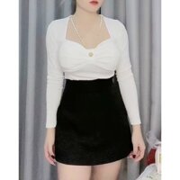 Áo Croptop Nữ Tay Dài Phối Xích Có Mút Ngực Áo Croptop Nơ Ngực Kèm Dây Xích, Áo kiểu cổ tròn tay ngắn phối ren thời tran