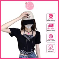 Áo croptop nữ tay ngắn giả 2 lớp cổ yếm cột dây 2021 Ciara Shop TB09, áo thun croptop