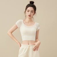 Áo croptop nữ tay ngắn kiểu ôm body 2 lớp, áo thun nữ tập gym yoga nữ co giãn thấm hút mồ hôi tốt CROP02