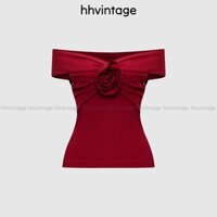 Áo croptop nữ tay ngắn HHVINTAGE kiểu bẹt vai nhún phối hoa thun co dãn Top A49