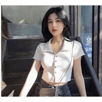Áo croptop nữ tay ngắn HHVINTAGE kiểu polo nút cài Top A20