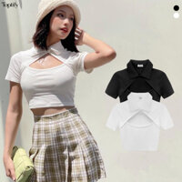 Áo croptop nữ TOPTIFY trơn ngắn tay ôm body chất thun gân cổ bẻ đính nút -  Perterpan Top AC181 - TTF009
