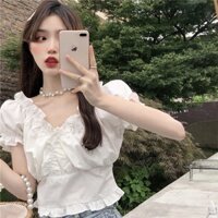 Áo Croptop nữ trễ vai tay ngắn bồng dáng ôm phong cách Hàn Quốc mã QD118