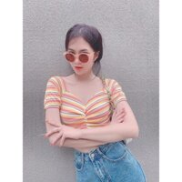 ÁO CROPTOP NỮ - XOẮN NGỰC NÚT SANG CHẢNH MÀU VÀNG SỌC ĐỎ ( MÃ SP: 7FACXN01)