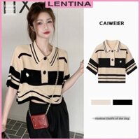 Áo croptop polo dệt kim len nữ tay ngắn, Áo thun form dáng rộng cổ đức kiểu kẻ sọc hàng thiết kế Quảng Châu cao cấp