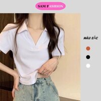 Áo croptop sam nữ có cổ polo dáng suông tay ngắn chất cotton cao cấp màu đen trắng đi chơi, đi làm