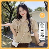 áo croptop sơ mi nữ tay bồng ngắn phối rút dây thắt nơ xinh xắn, áo croptop sơ mi nữ nhiều màu basic ngắn tay