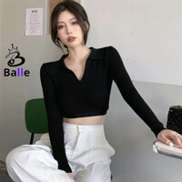Áo Croptop TAY DÀI CỔ BẺ XẺ V Chất Thun Borip Kiểu Sexy Nữ, Áo Thun Ôm Body Đẹp Tôn Dáng Balle.vn