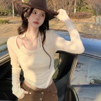 Áo Croptop Tay Dài Cổ Yếm Màu Sắc Trơn Thiết Kế Độc Đáo Phong Cách Hàn Quốc Thời Trang Cho Nữ