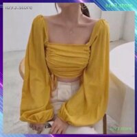 ÁO CROPTOP TAY DÀI CỘT DÂY 2 BÊN NHIỀU MÀU - CROPTOP RÚT DÂY TAY PHỒNG HỒNG VÀNG XANH ĐEN TRẮNG - CROPTOP TRỄ VAI CỔ VUÔ