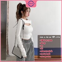 Áo croptop tay dài khoét ngực rút eo OZENKA , crt ôm body sexy gợi cảm thun gân 100% cotton đen trắng mặc đi chơi