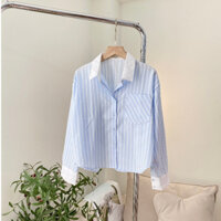 Áo Croptop Tay Dài Nữ Kẻ Sọc Pastel Phối Trắng Dáng Lửng Thanh Lịch, Sơ Mi Croptop Dài Tay Form Hàn