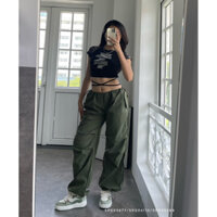 ✅Áo croptop tay lính và quần jogger xanh rêu