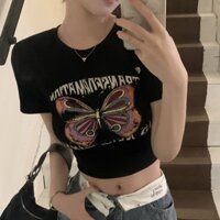 Áo Croptop Tay Ngắn in Hình Bướm Màu Trơn Ôm Dáng Thời Trang Mùa Hè Mới Cho Nữ