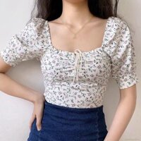 Áo Croptop Tay Phồng Cổ Vuông In Hoa Phối Dây Cột Thời Trang cho nữ