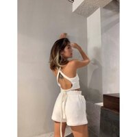 Áo croptop thun body hở lưng đan dây sau buộc nơ siêu sexy
