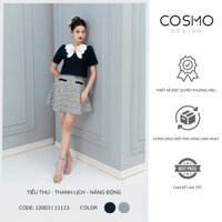 Áo croptop tím than ,phối cổ lượn trắng 12003 + Chân váy xoè tweet xanh, phối nẹp túi 11313 COSMO Design