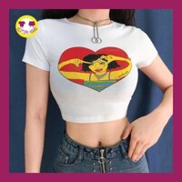 Áo Croptop Trắng Cá Tính in hoạ tiết Trái Tim và Cô Gái Cắt Toc