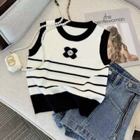 Áo croptop trắng nữ kiểu kẻ vải len mỏng