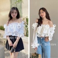 Áo croptop trễ vai bèo 2 tầng dáng xòe dễ phối đồ/ Áo kiểu nữ tay phồng bánh bèo 3 màu xinh xắn - kudoshop