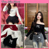Áo Croptop Trễ Vai Dài Tay Ôm Body Thêu Nơ Đáng Yêu Co Giãn