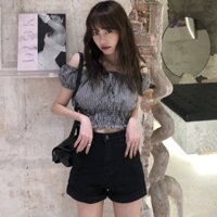 Áo croptop trễ vai họa tiết sọc caro trắng đen phong cách Retro Chất Đẹp