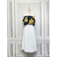 Áo croptop trễ vai hoạ tiết ZARA hàng hiệu chính hãng thời trang nữ A404 màu xanh size XS secondhand thanh lý ký gửi