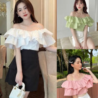 Áo croptop trễ vai phối bèo cách điệu, Áo kiểu hở vai thiết kế bèo 2 tầng tiểu thư
