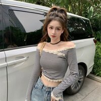 Áo Croptop Trễ Vai Tay Dài Dáng Ôm Họa Tiết Kẻ Sọc Thời Trang Hàn Quốc Cho Nữ