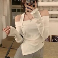 Áo croptop vạt chéo trễ vai dài tay