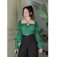 Áo croptop xanh lá bo chun tay tôn dáng đi chơi đi làm hothit