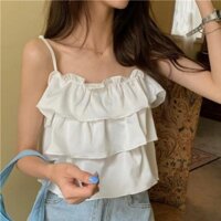 Áo crotop 2 dây 3 tầng, áo hở lưng hai dây kiểu bánh bèo siêu xinh - Trắng - Free size