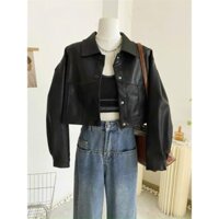 Áo da croptop cổ đức tay bo cúc bấm phong cách Hàn Quốc