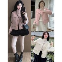 Áo dạ nữ A.686, Áo dạ lửng dài tay cổ tròn lông xù 4 túi nắp giả dày dặn phong cách thanh lịch - Shop Chấm Bi