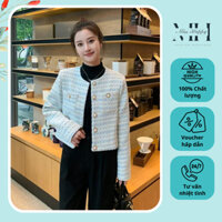 Áo dạ tweed dáng ngắn cổ tròn 2 lớp màu xanh , áo khoác tiểu thư hàng Quảng Châu