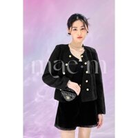 Áo Dạ Tweed đen, dáng basic tiểu thư, chân váy voan xếp ly, quần short nhung Mae 𝗟𝗲 𝗿𝗼𝘀𝗶𝗲𝗿