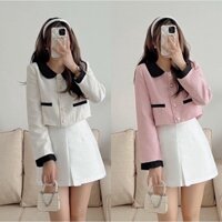 Áo dạ tweed nữ crotop Ulzzang dài tay cổ sen viền đen 2 lớp phong cách tiểu thư