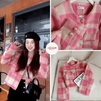 Áo dạ  Tweed nữ dáng ngắn màu hồng loang cổ tròn , áo khoác nữ dạ dáng ngắn 2 lớp  có cầu vai  giúp đứng phom