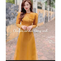 áo dài 4 tà màu vàng đồng Tết cổ ,đính hoa sang trọng vải tơ óng Chuyên áo dài Đông anh
