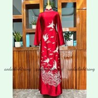 Áo dài bà Sui Đỏ Đô, áo dài trung niên Hạc Trắng, chất liệu lụa Bảo Ngọc (lụa RuBy) cao cấp, thêu đính kết thủ công