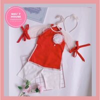 áo dài  bé gái 🌸 𝐓𝐀̣̆𝐍𝐆 𝐁𝐎̛̀𝐌 𝐍𝐆𝐎̣𝐂+ 𝐇𝐎𝐀 𝐍𝐆𝐎̣𝐂🌸NHƯ Ý HOUSE'S- tết Hàng Thiết Kế trẻ em - cách tân lụa đỏ tay lưới nhung