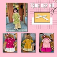 Áo dài bé gái cách tân tết 2025, áo vải tơ bọt nhẹ nhàng thêu hoa nhí kèm quần lụa satin và nơ kẹp tóc cho bé 13kg-35kg