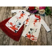 áo dài bé gái thêu hoa đào,một set gồm một áo dài gấm thêu hoa đào tinh xảo,một chân váy ren nhiều tầng bồng bềnh xinh