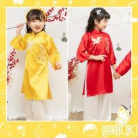 Áo dài bé gái vải lụa hoa hồng thêu hoa mai đào chim hạc set áo kèm quần Yespapa