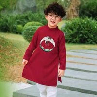Áo dài bé trai cách tân Bạch Hạc thêu hình chắc chắn chất vải nhung tăm size từ 9-40kg hai màu xanh/đỏ