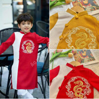Áo dài bé trai cách tân thêu họa tiết rồng thiết kế vải lụa hàn truyền thống cho bé trai mặc xuân, Áo dài con nít tết