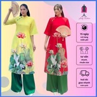 Áo dài cách tân AD070 Lady Fashion dáng suông in 3d sen cò sải cánh
