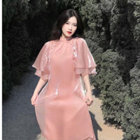 Áo dài cách tân . Áo dài du xuân lụa tơ óng tay cánh tiên màu hồng phấn  siêu hotrend
